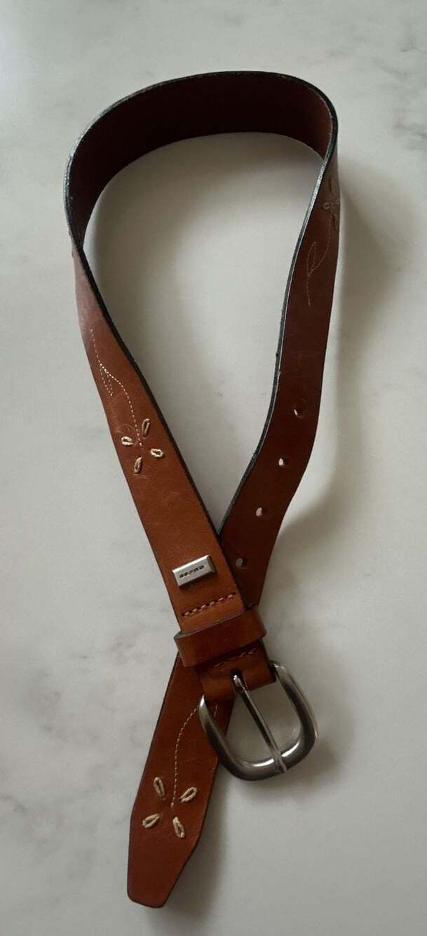 Guess Brown Leather Belt with Floral Stitching and Logo Plate